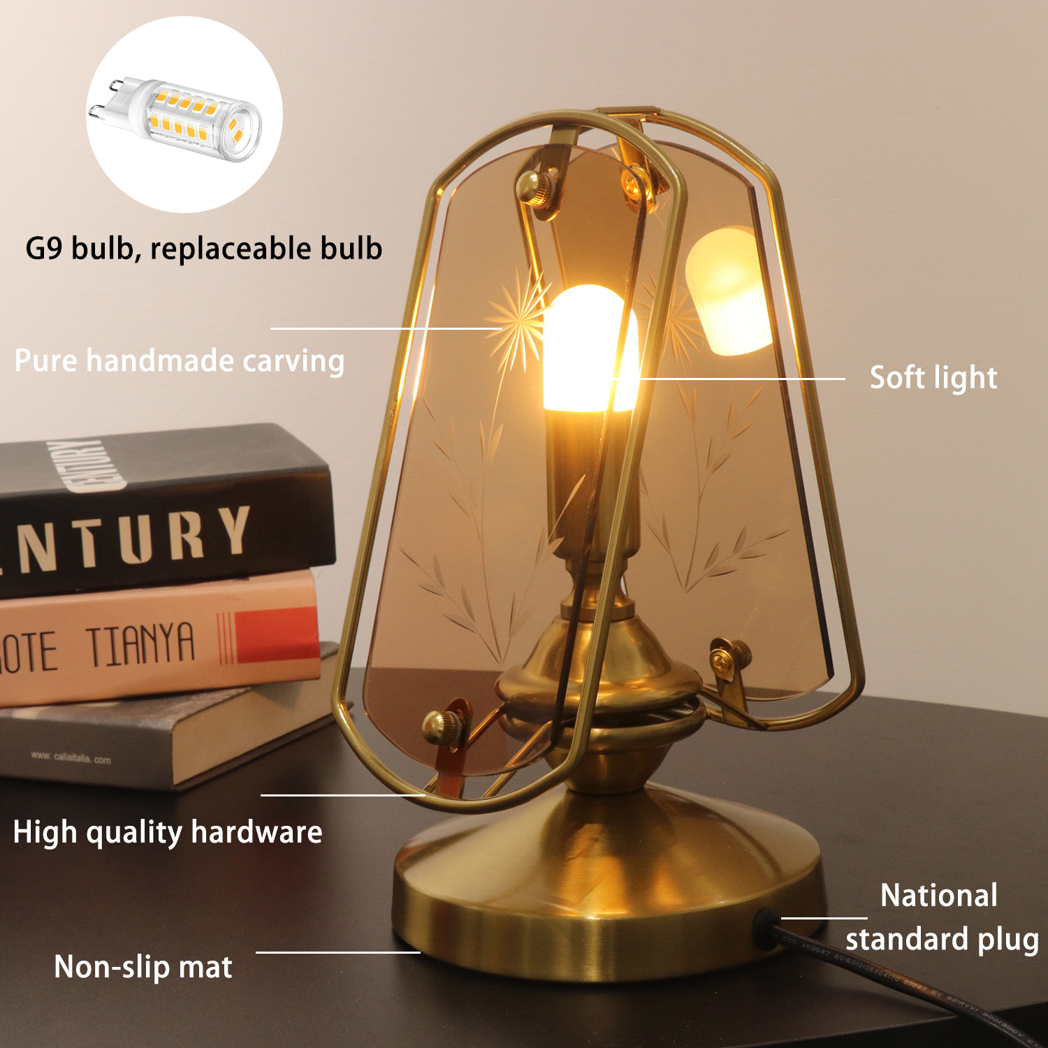 フランスのレトロスタイルガラスメタルLEDテーブルライト